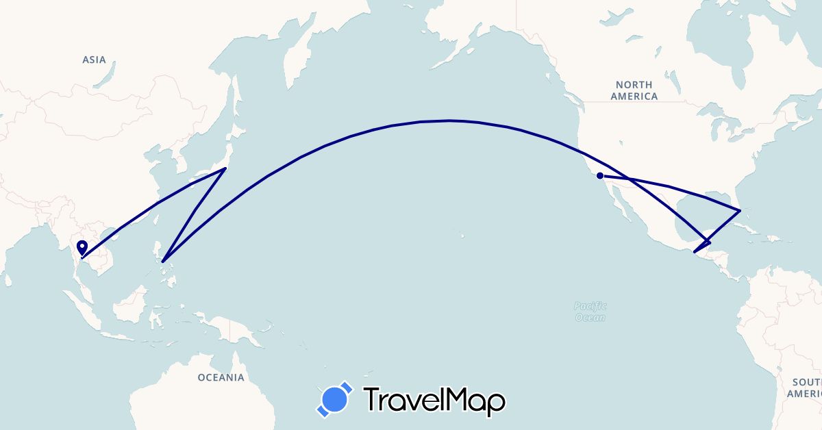 TravelMap itinerary: driving in Belize, Japan, Mexico, Philippines, Thailand, United States (Asia, North America)